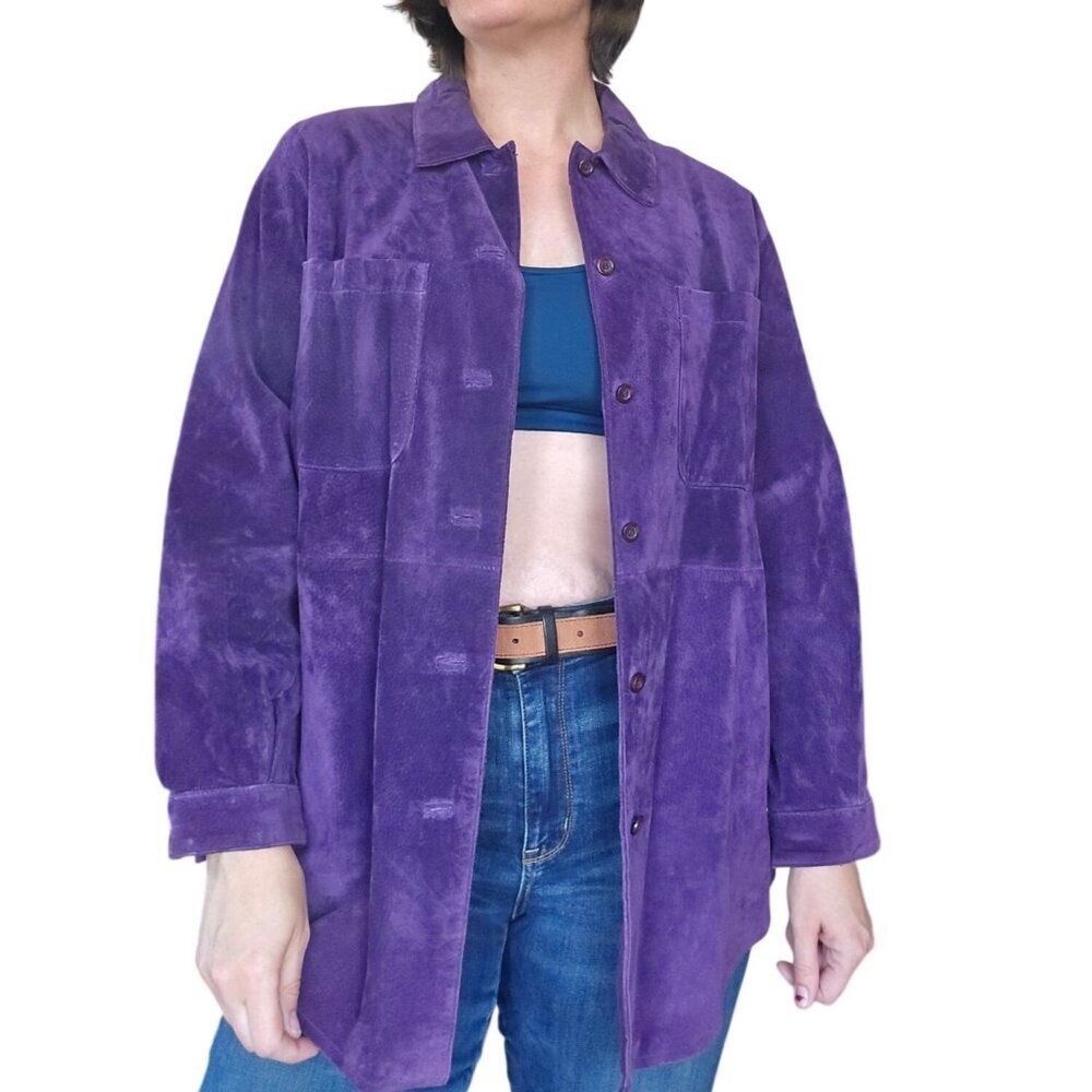 Vintage 90s Rem Garson Purple Suede Leather Shirt Jacket Shacket Women's Large